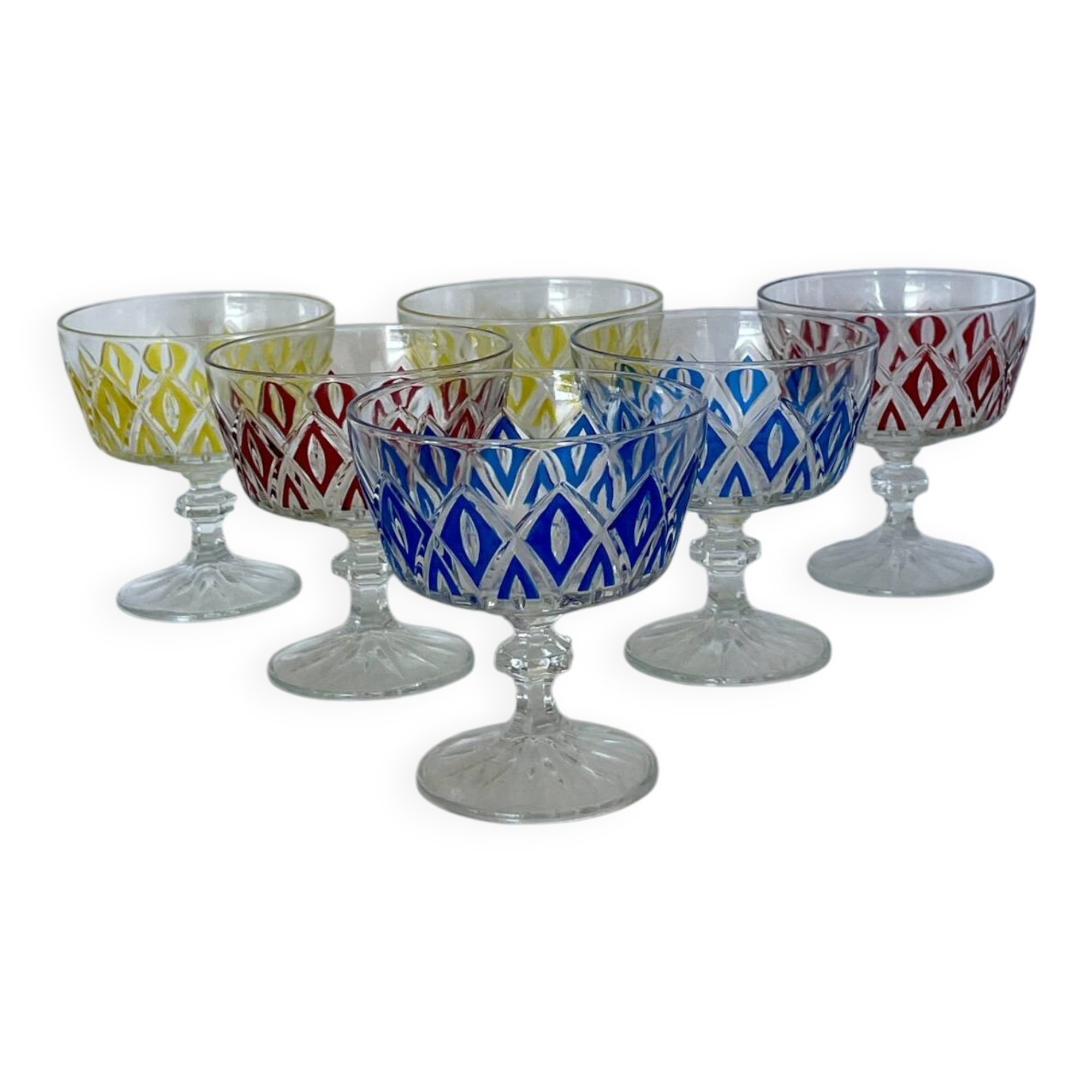 6 Harlequin champagne coupes VMC Reims