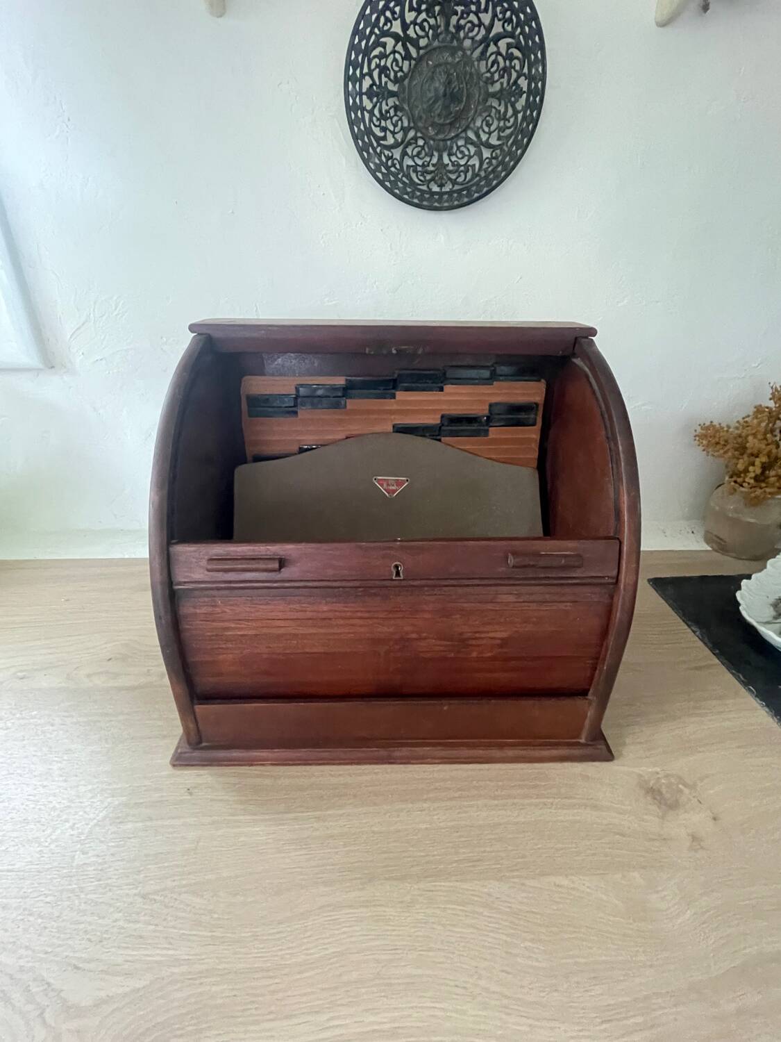 Old Flambo wooden curtain filing cabinet for desk