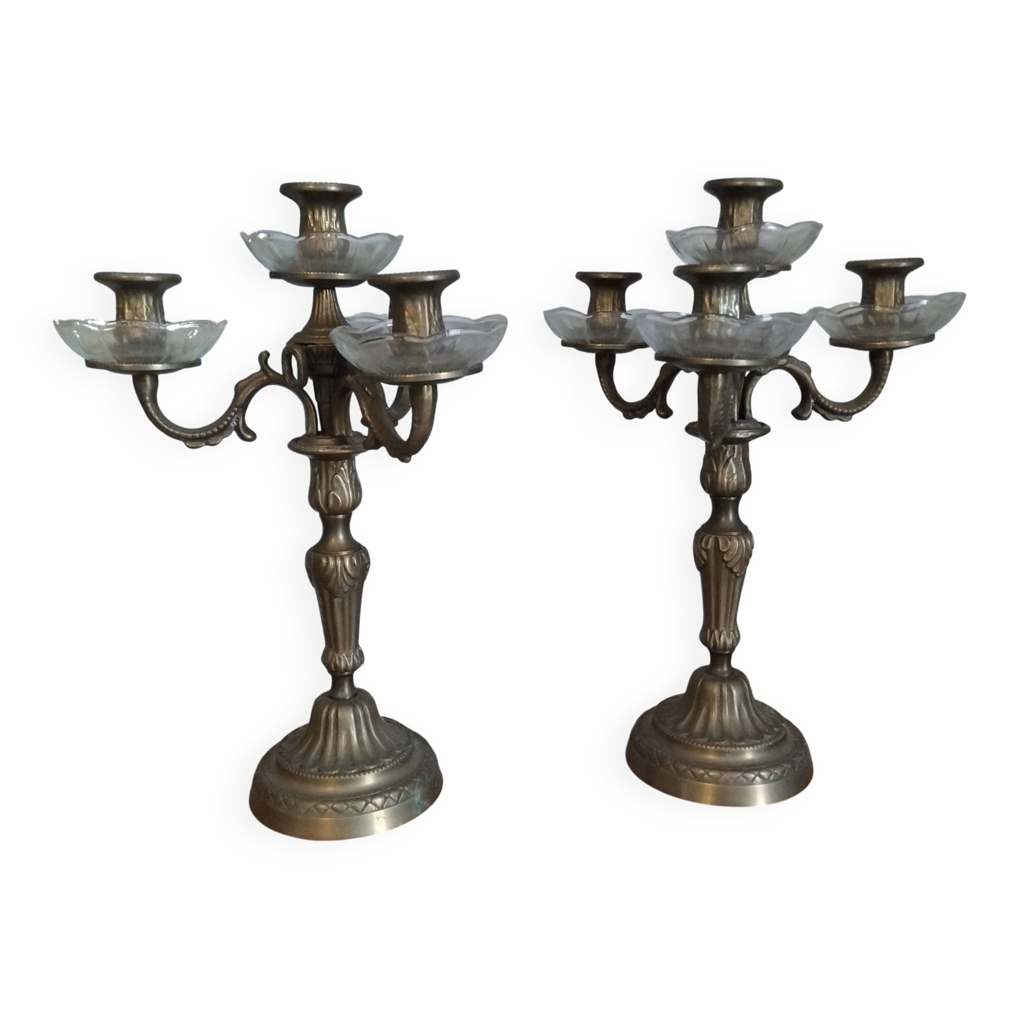 Pair of candelabra candle holders in bronze and glass louis xvi