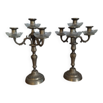 Pair of candelabra candle holders in bronze and glass louis xvi