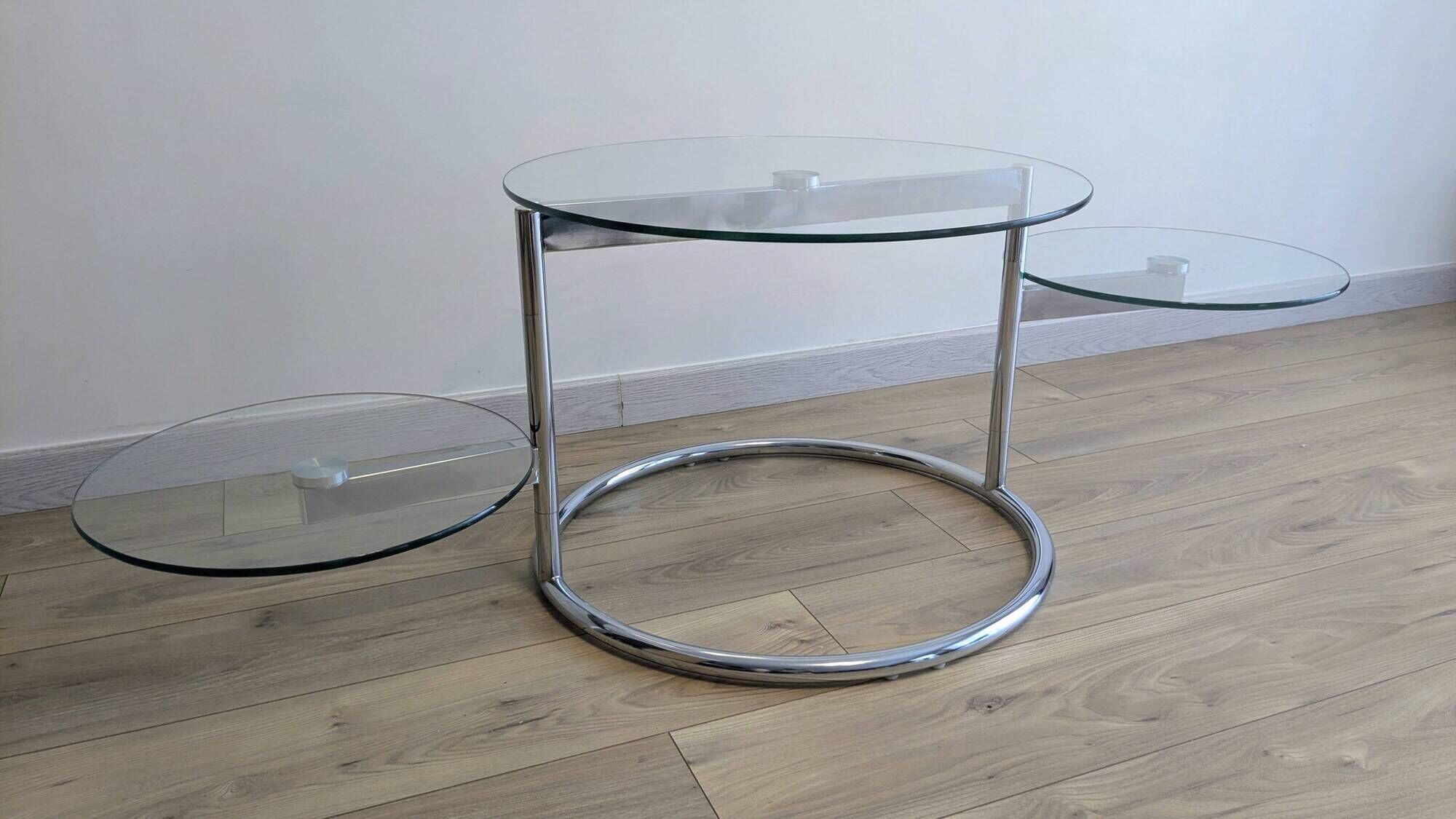 Vintage swivel coffee table with 3 glass and chrome trays – 1980s