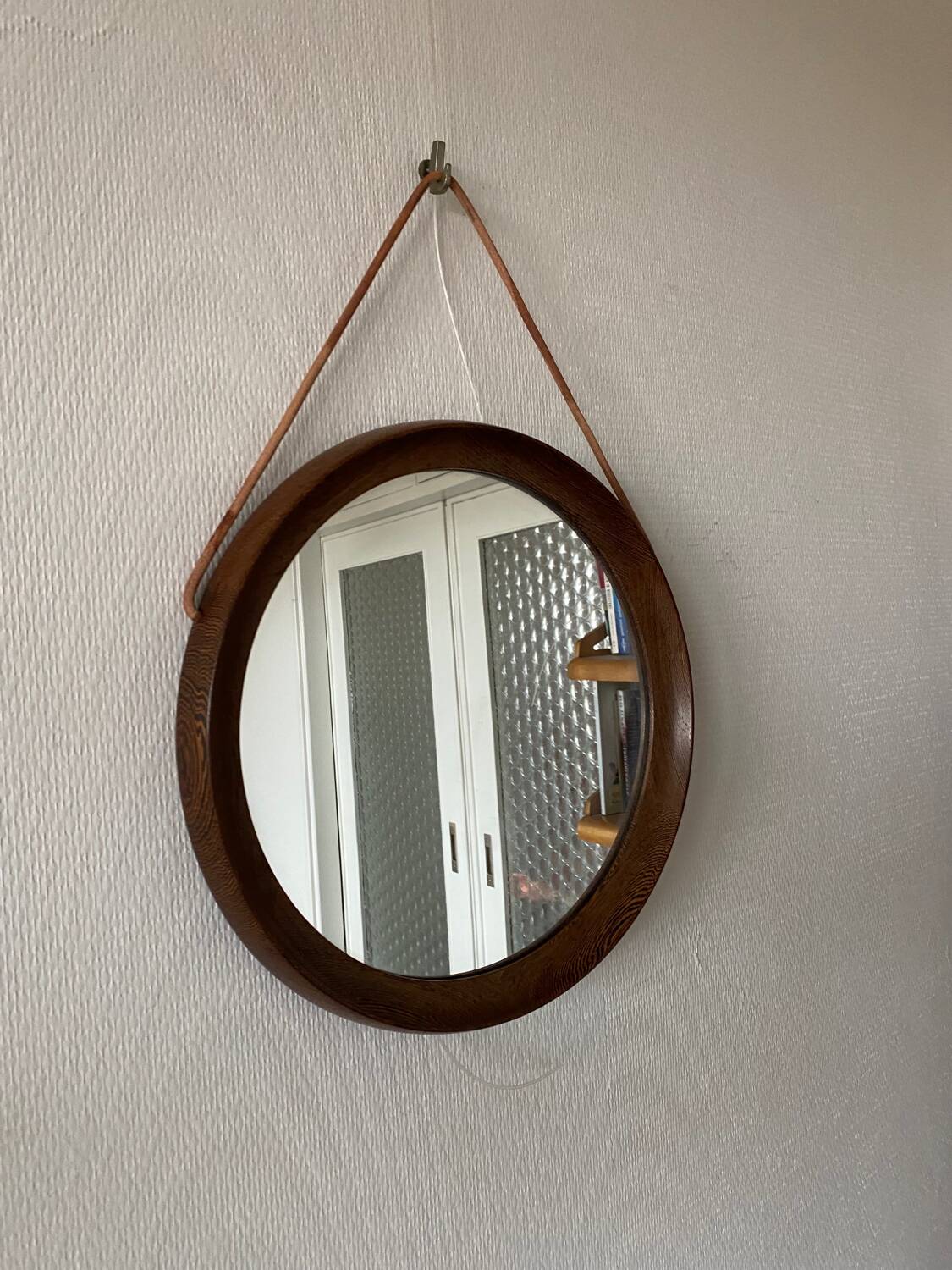 Mid-Century Scandinavian Round Wenge Wood Mirror with Leather Strap, 1950s