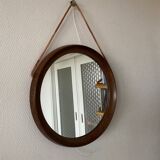 Mid-Century Scandinavian Round Wenge Wood Mirror with Leather Strap, 1950s