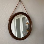 Mid-Century Scandinavian Round Wenge Wood Mirror with Leather Strap, 1950s