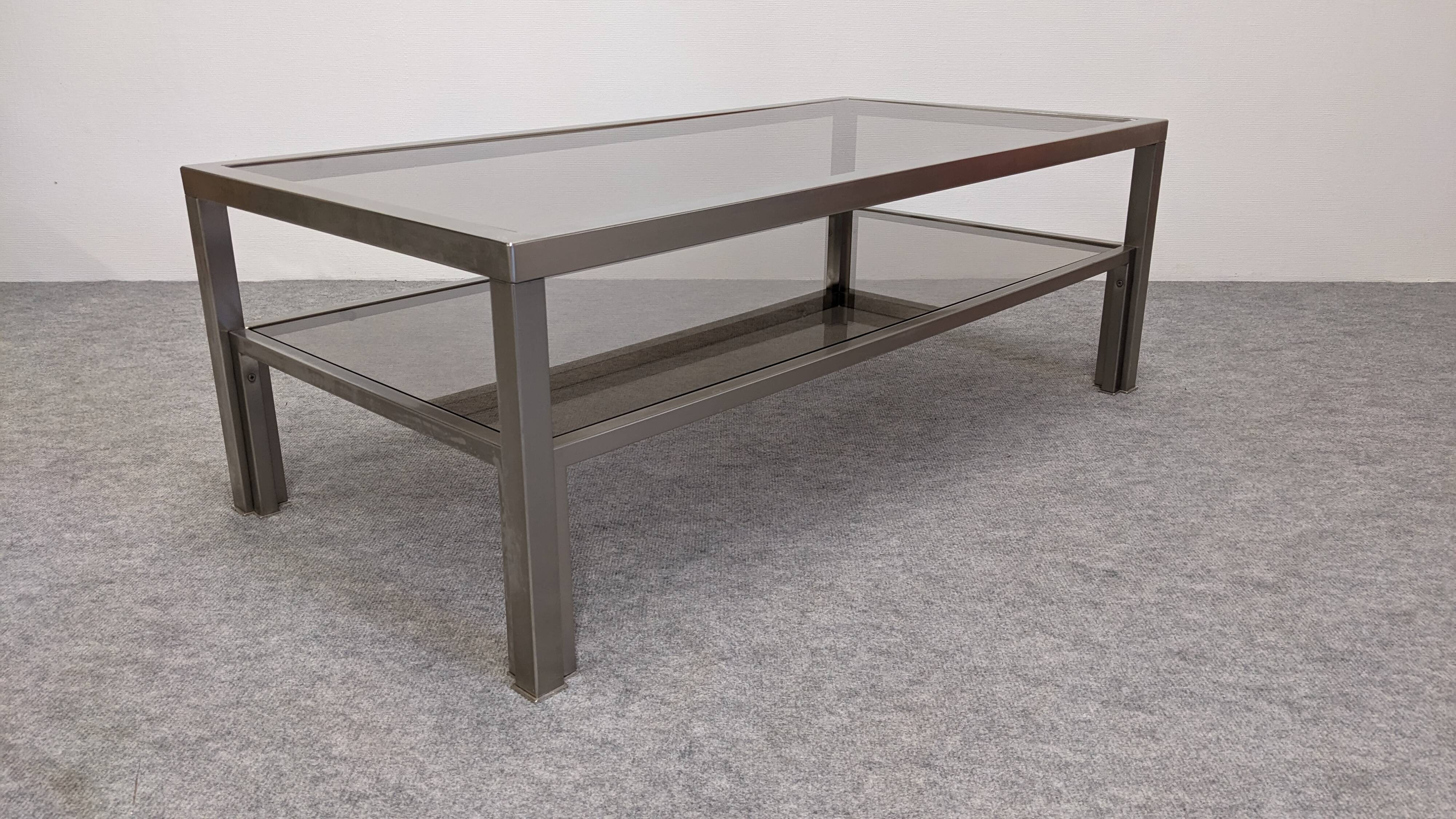 Table basse à 2 plateaux en inox brossé et verre fumé, France vers 1970