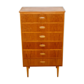 Teak tallboy chest of drawers, suede, 1950