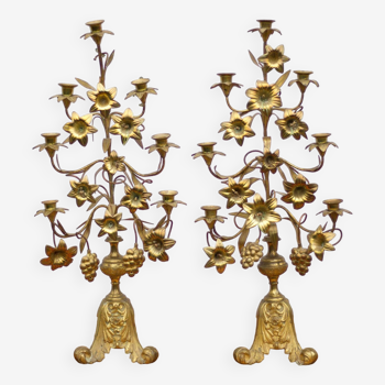 Pair of bronze and brass church candles with climbing flowers and grapes, Art Nouveau, candlestick