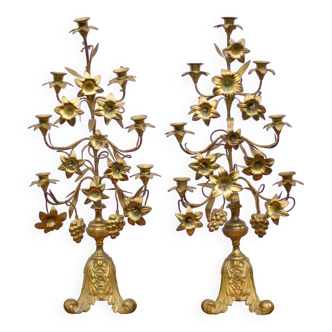 Pair of bronze and brass church candles with climbing flowers and grapes, Art Nouveau, candlestick