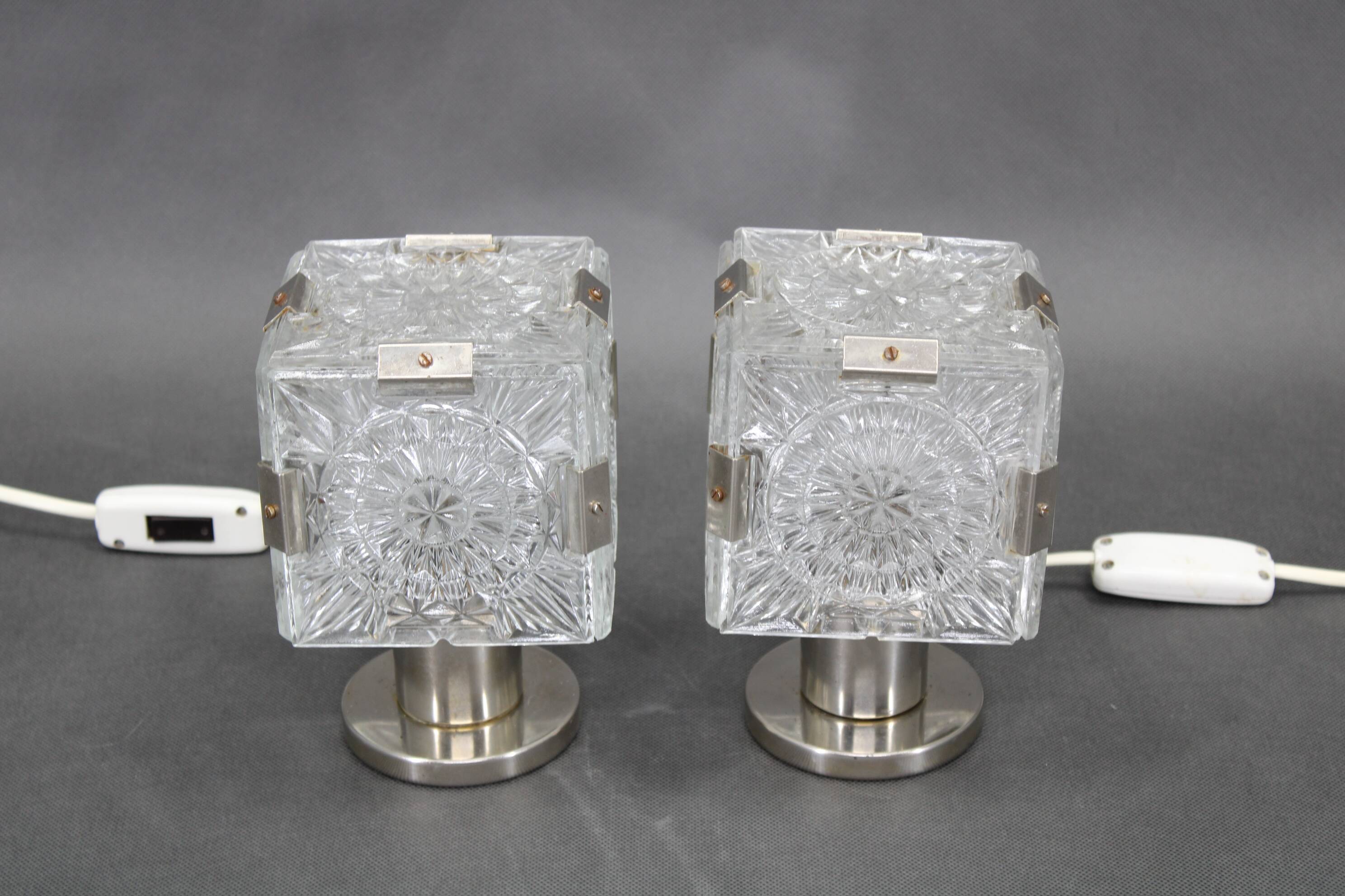 1970s Pair of Glass Table Lamps by Kamenicky Senov, Czechoslovakia