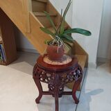 Carved wooden side table, red marble top embedded