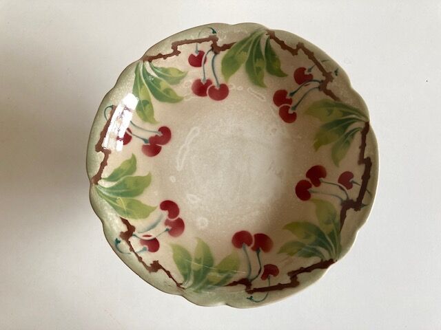 Plate mounted compotier with fruit iron earth with cherry decoration 1930