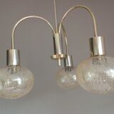 Three-globe brass chandelier in amber/vintage glass 60s-70s