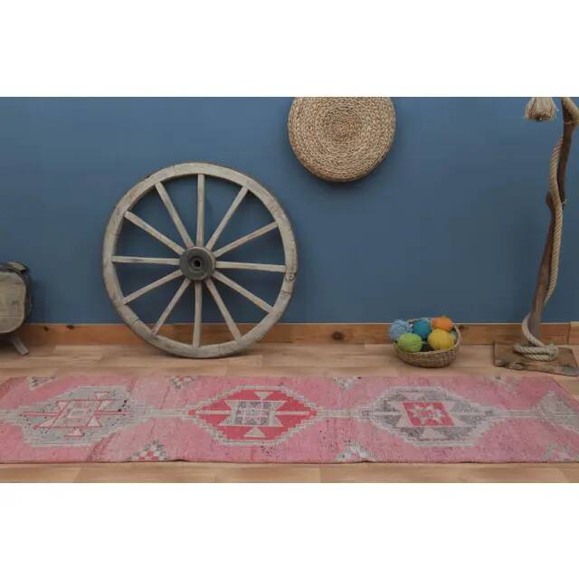 1970s Vintage Turkish Handmade Wool & Cotton Pink Runner Rug 83x307