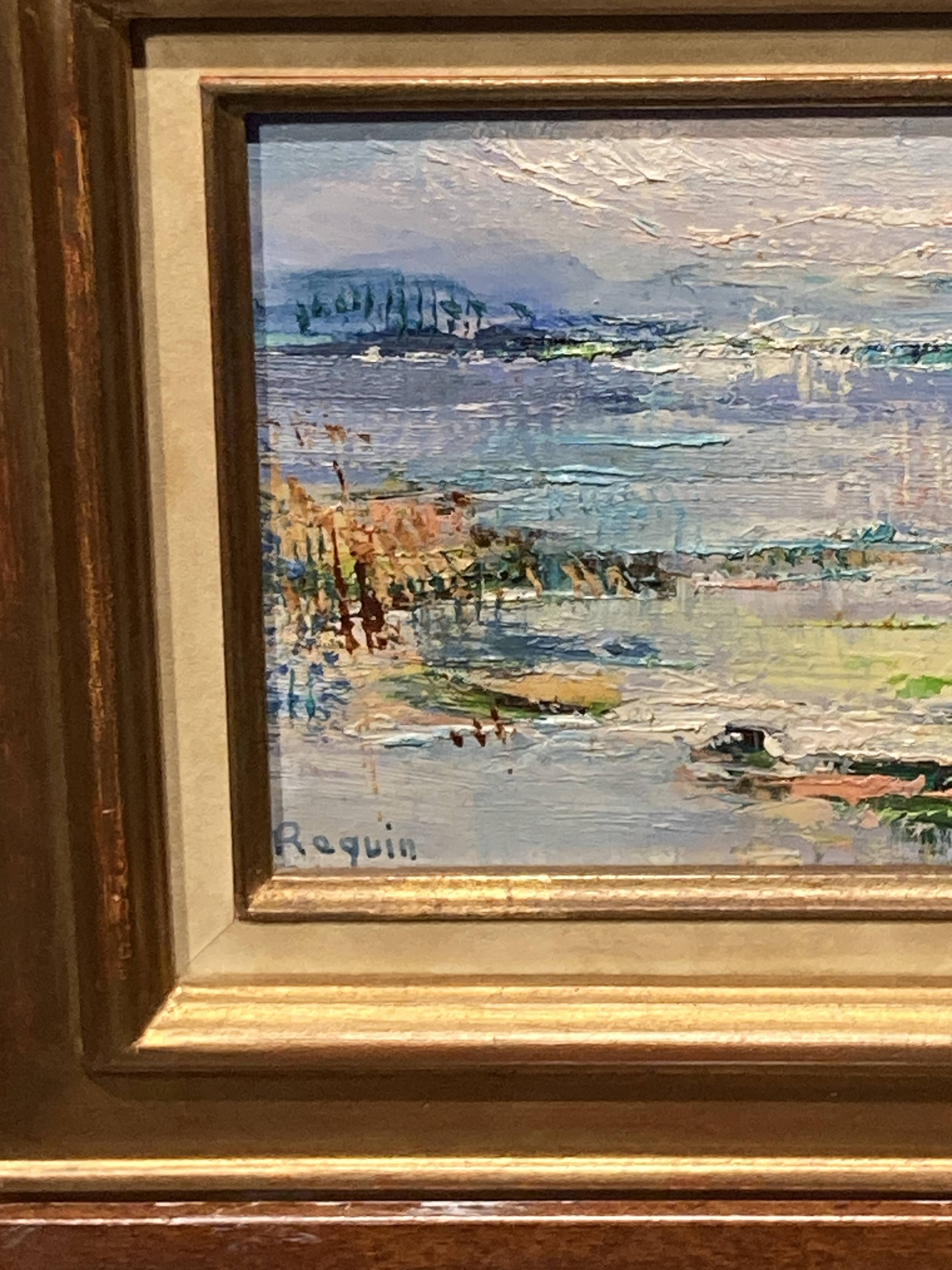 Oil on canvas framed by an abstract landscape