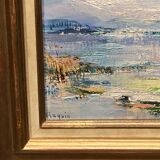 Oil on canvas framed by an abstract landscape