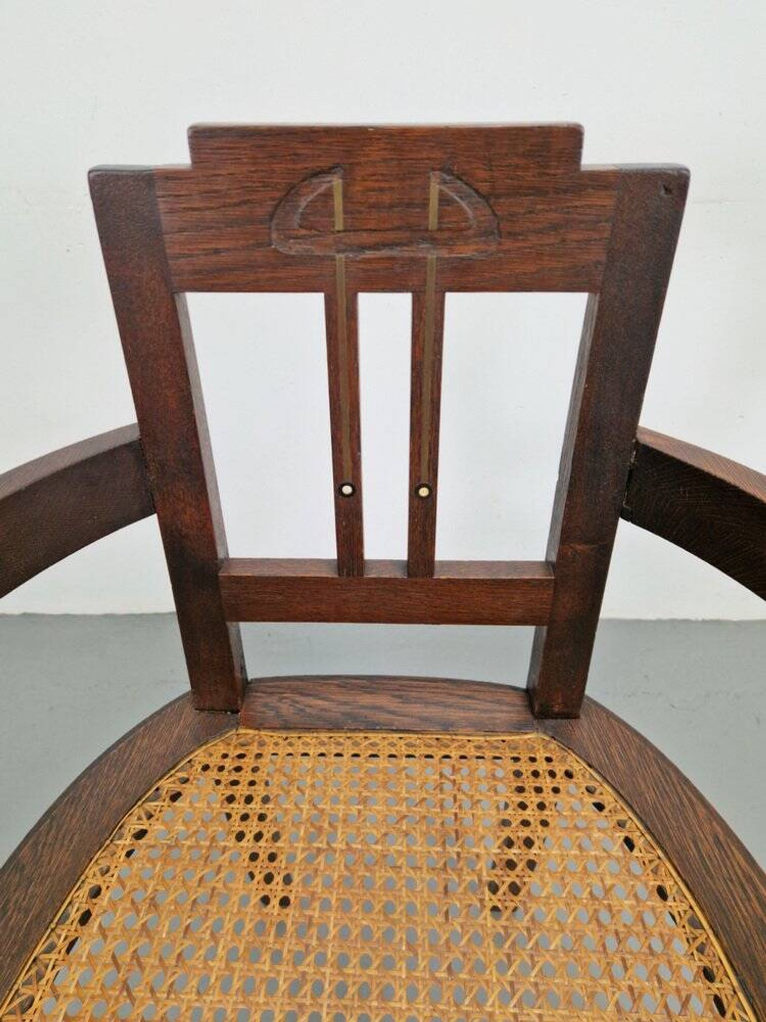 Art Nouveau Deco Armchair in Rattan Webbing, Oak and Copper, 1920s