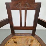 Art Nouveau Deco Armchair in Rattan Webbing, Oak and Copper, 1920s