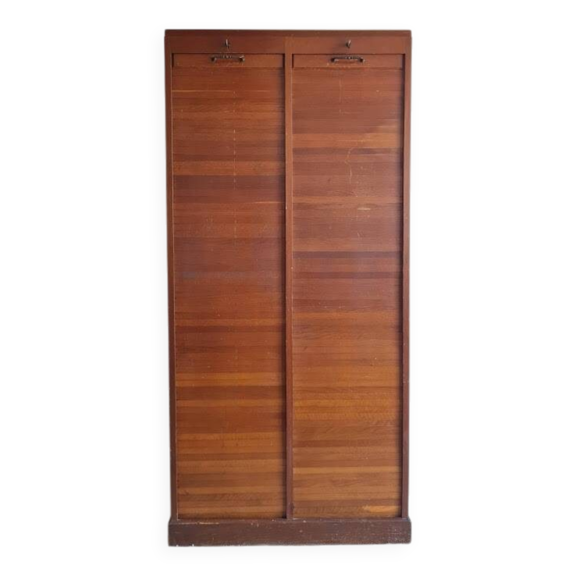 Vintage double curtain filing cabinet.