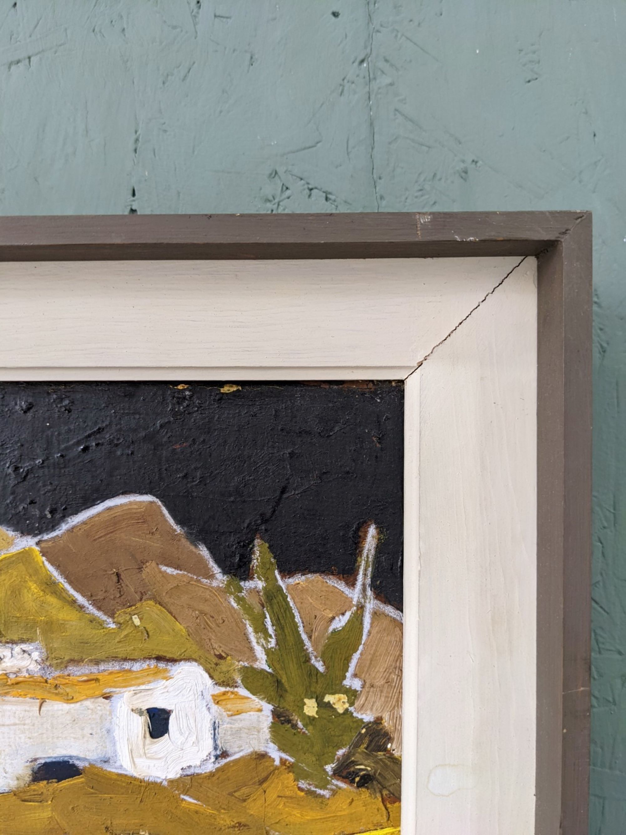 Mid-Century Modern Swedish Oil Painting "White Village" Vintage Framed Landscape