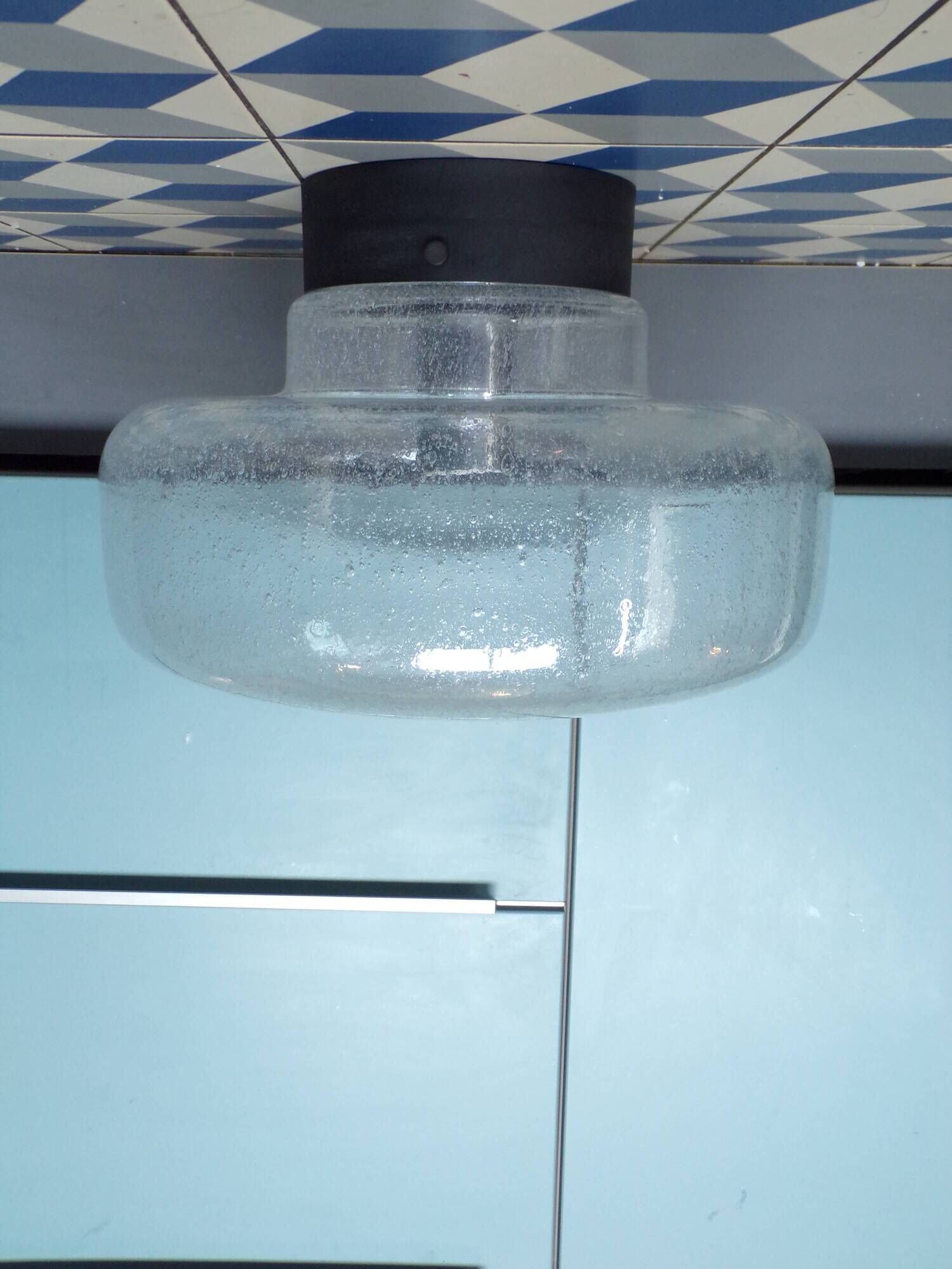 Large German ceiling light in bubbled glass Ø36cm