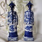 Pair of vintage Chinese blue and white porcelain figurines depicting