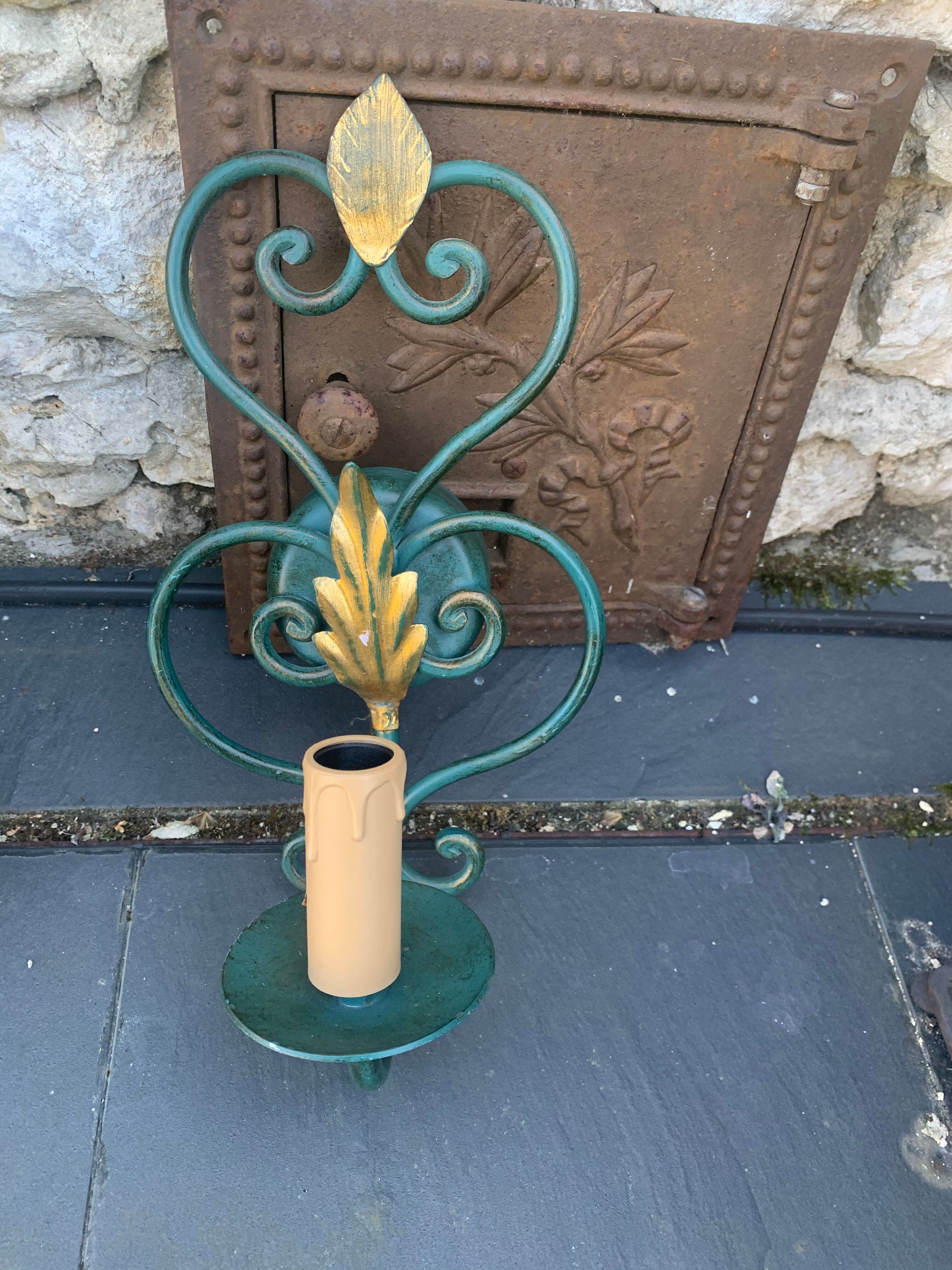 Green metal wall apply and vintage gold foliage