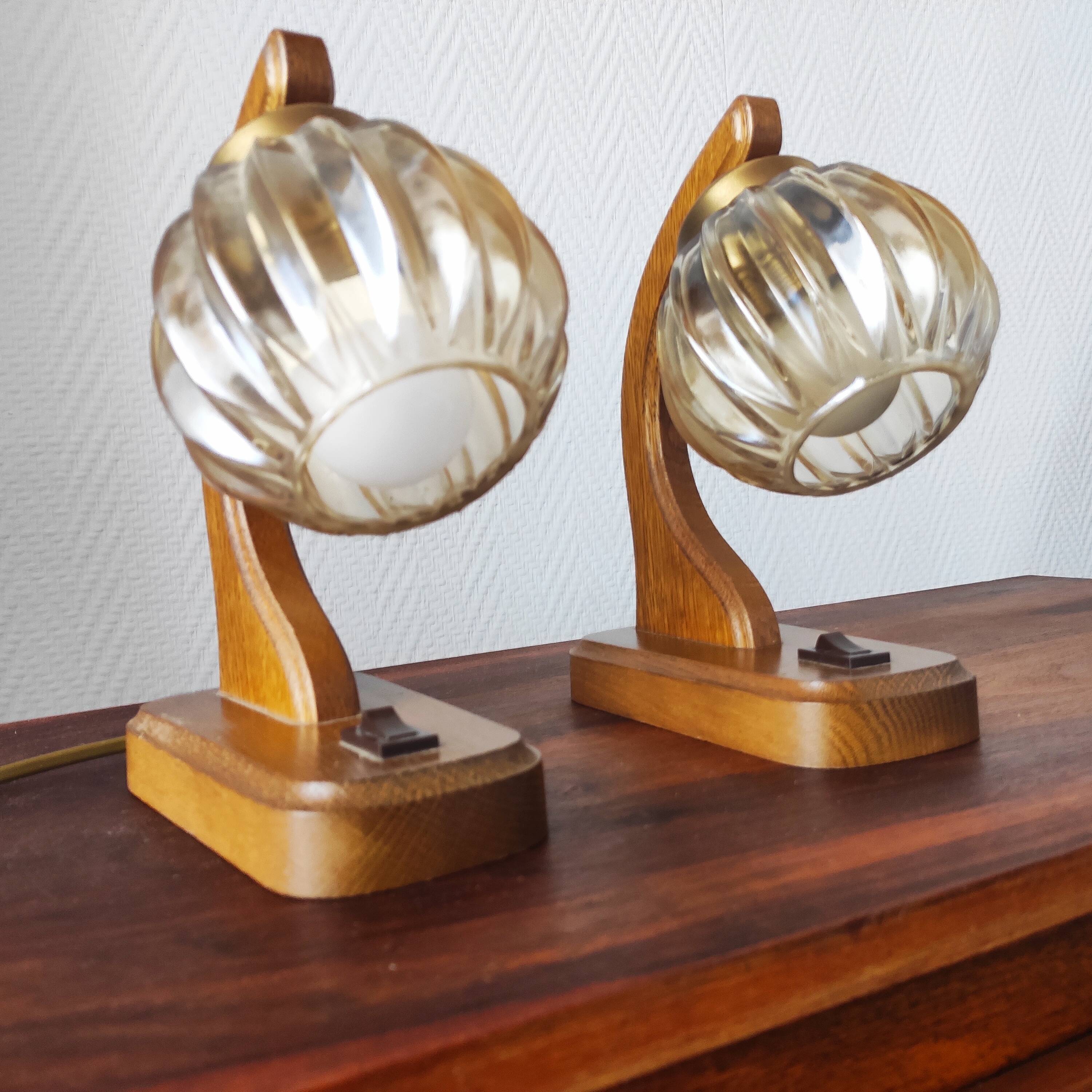 Pair of vintage 1970s mid-century Scandinavian lamps with amber globe.