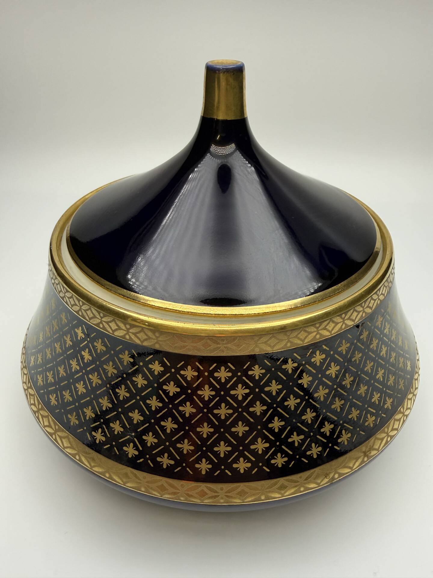 Vintage cobalt blue and gold porcelain bonbonnière.