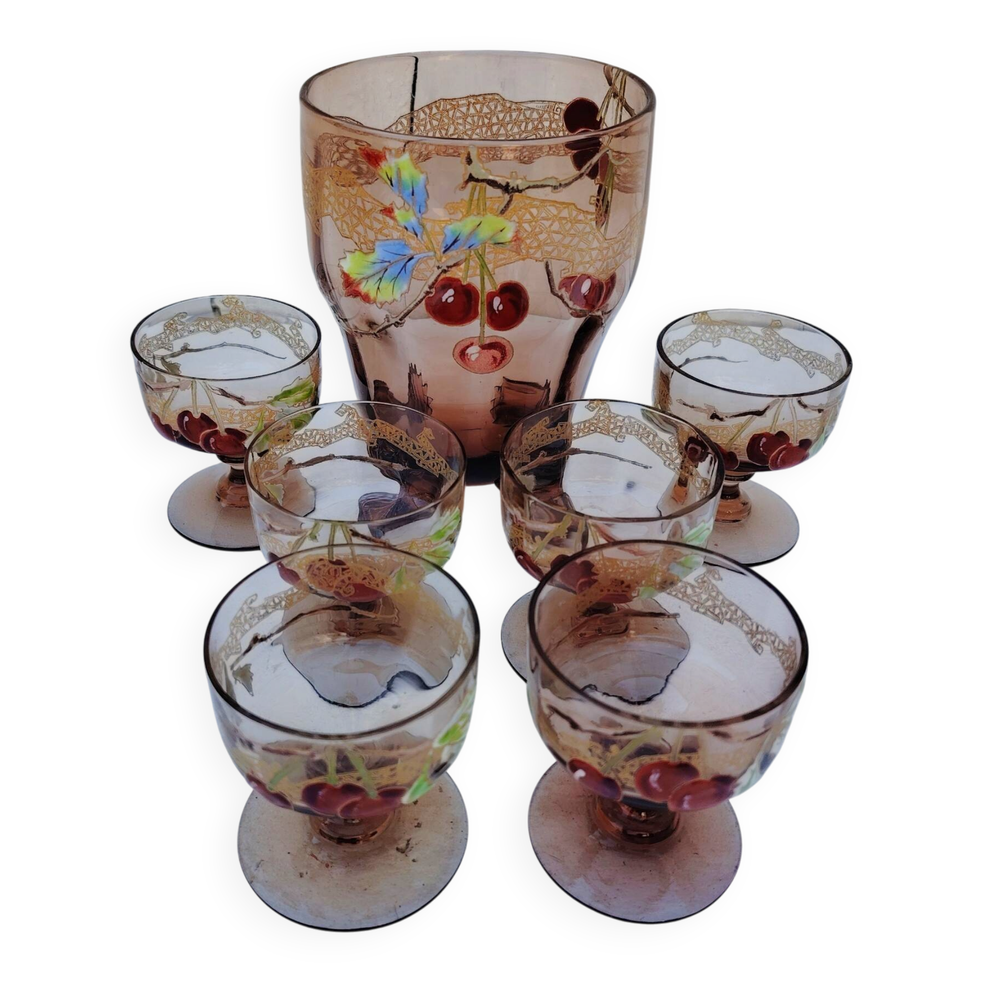 Cerise service with Legras brandy, Art Nouveau, Montjoye