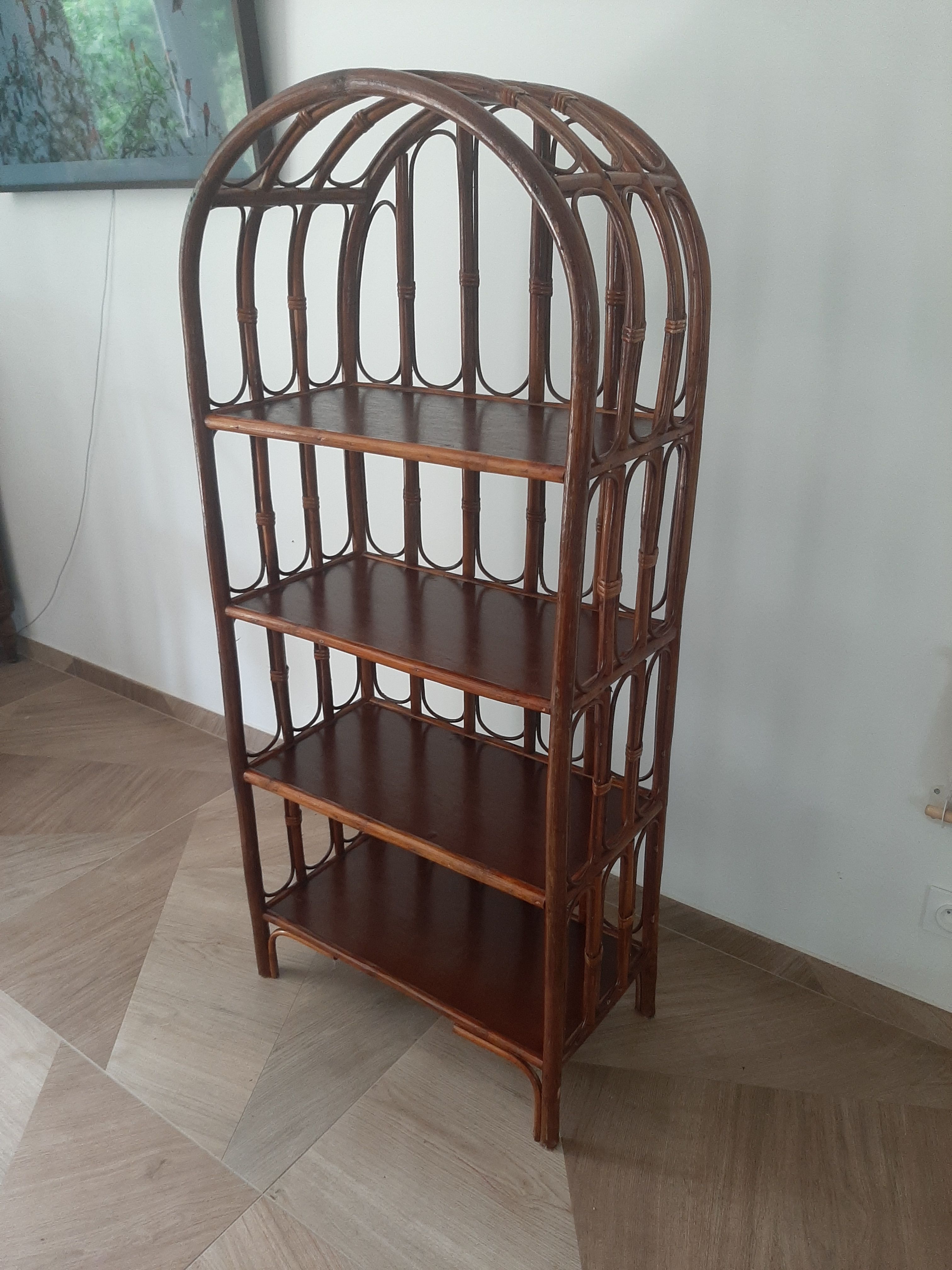 Vintage library 4 levels - wood, bamboo and rattan - retro 80s
