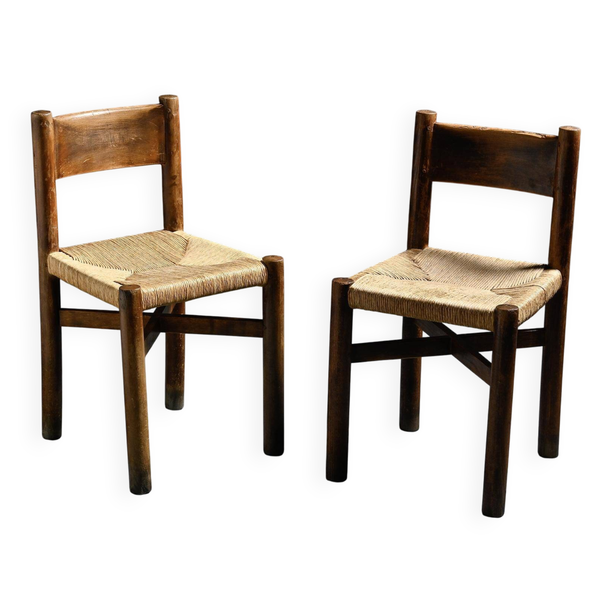 Pair of Méribel chairs by Charlotte Perriand, vintage edition BCB, circa 1950.