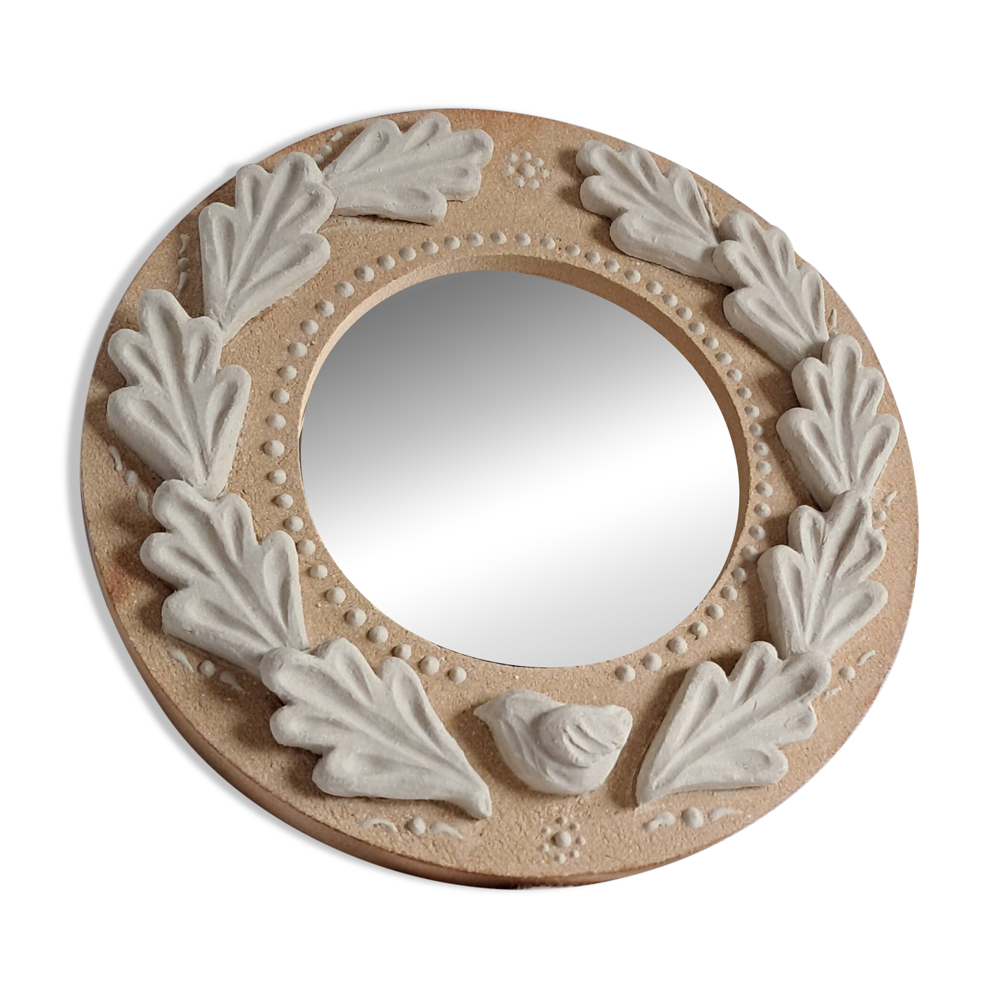 Miroir en grès roux et blanc, feuilles de chêne