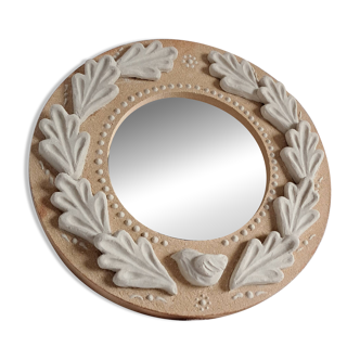 Miroir en grès roux et blanc, feuilles de chêne