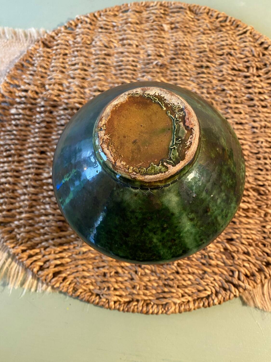 Small green glazed terracotta vase