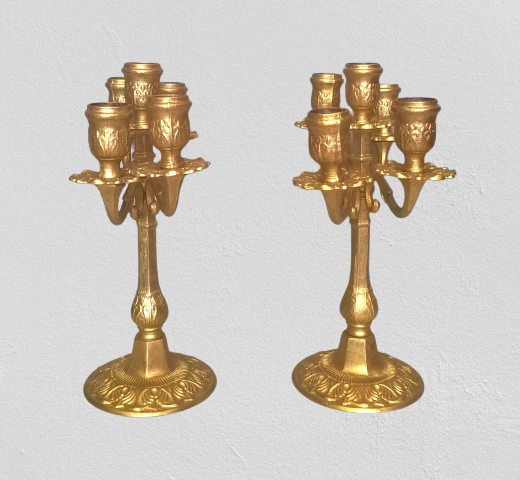Pair of art-deco candlesticks five lights with removable light arms ~ golden regulates ~ 1930s