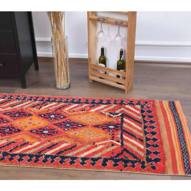 Vintage Turkish Oushak Handmade Wool Cotton Red Runner 91x368