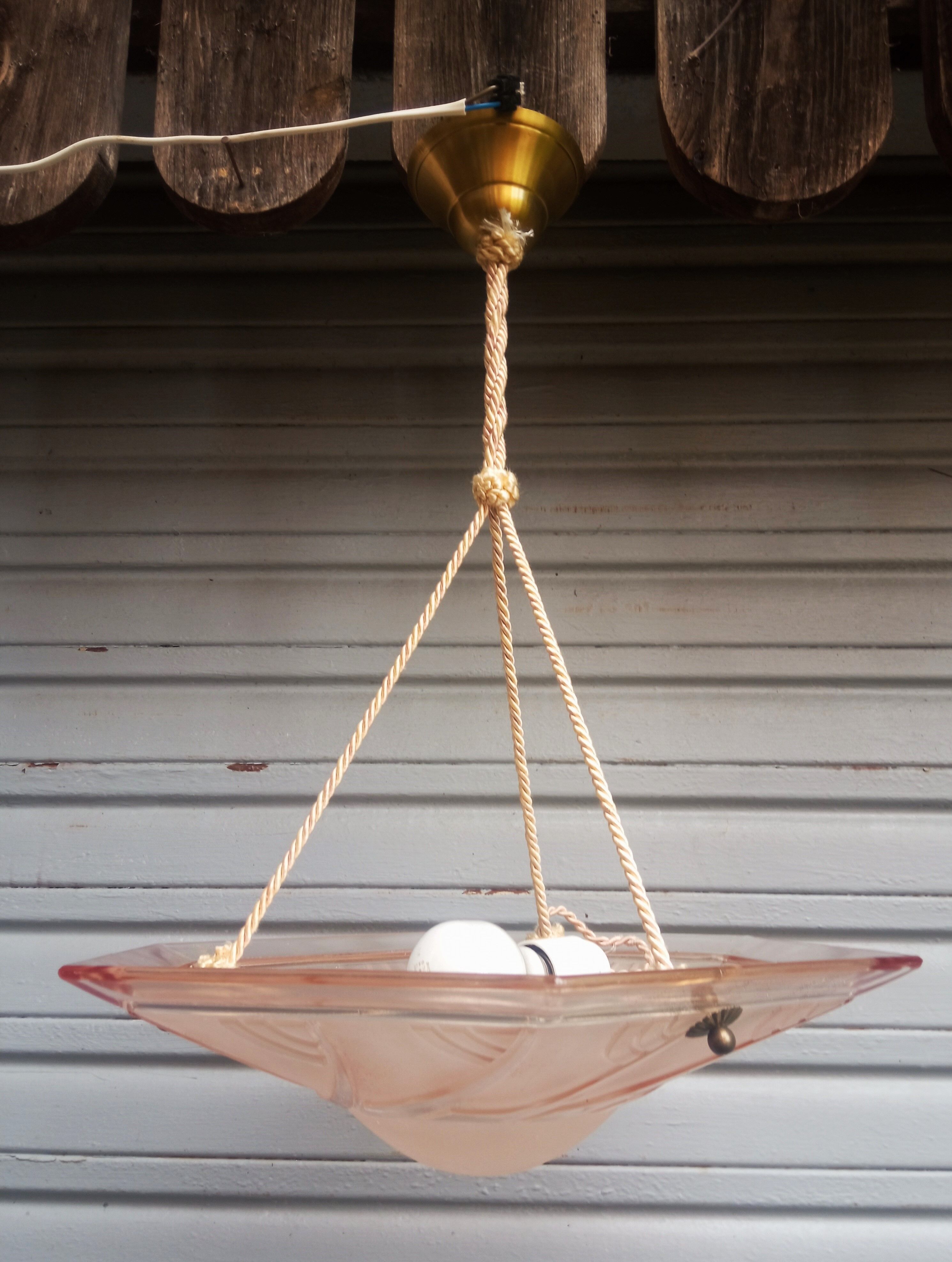 Art Deco ceiling lamp / chandelier in pink pressed molded glass in working order