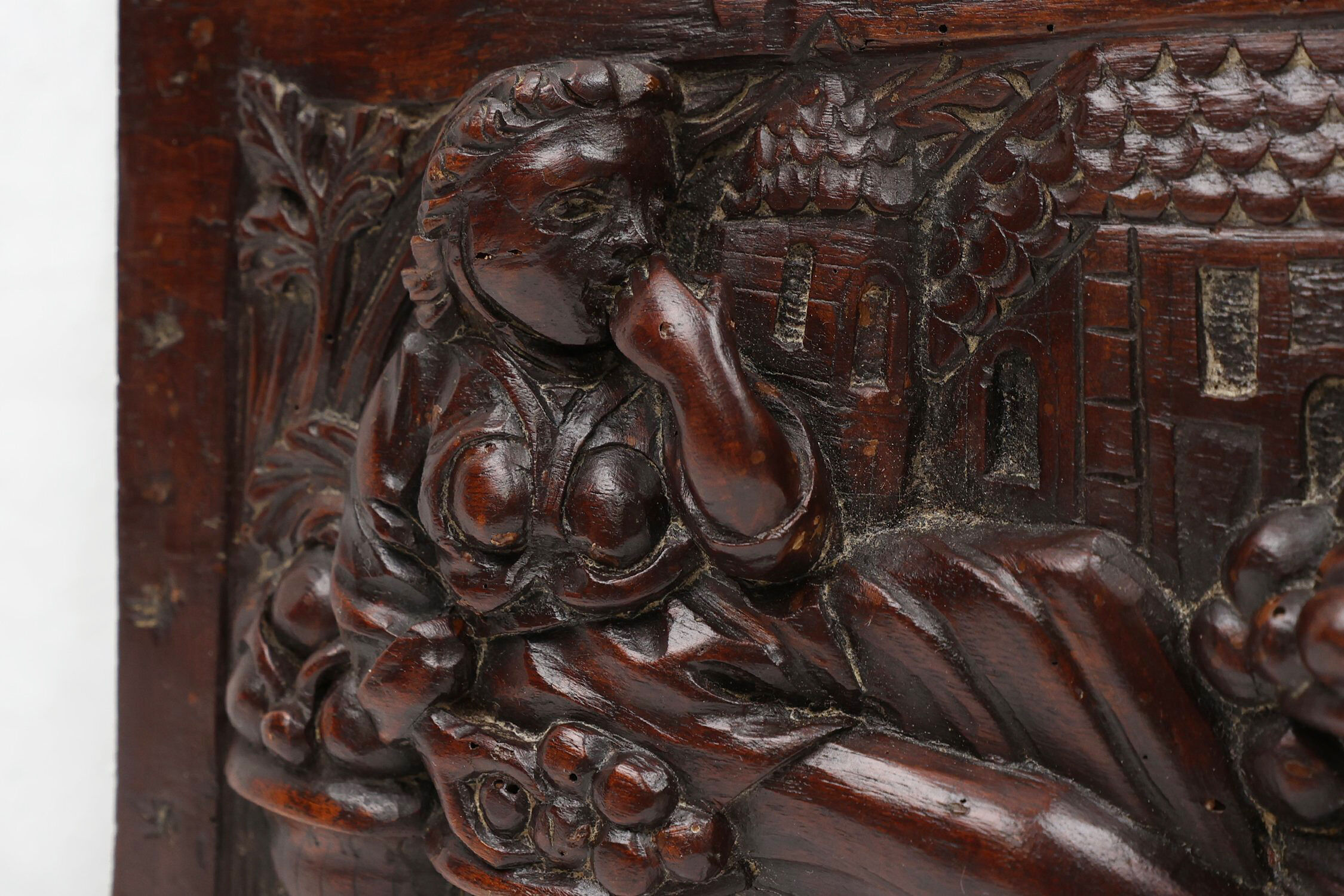 Gothic Hand Sculpted Panel in Oak, Belgium, 17th Century