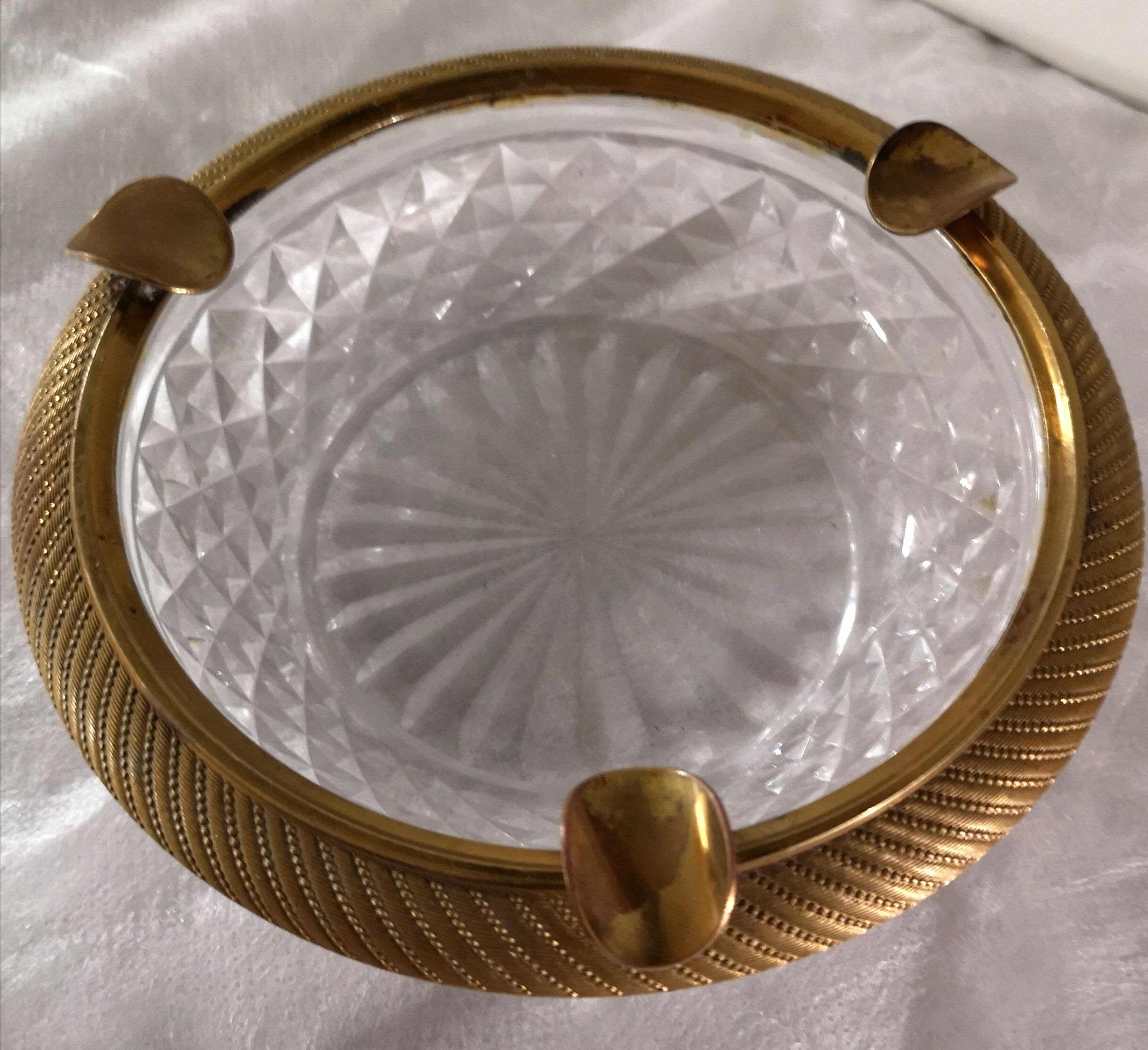 Cut glass and brass ashtray