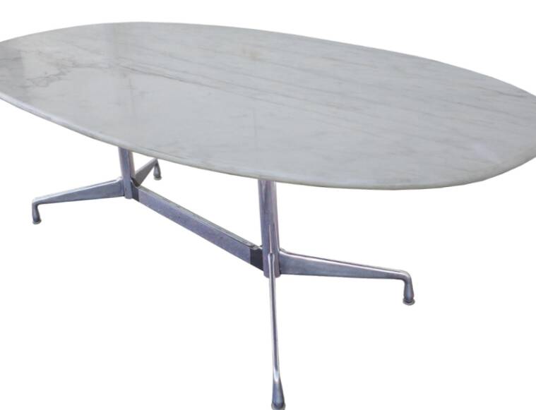 Eames "Segmented" oval table in white marble with stainless steel base, H. Miller 70s