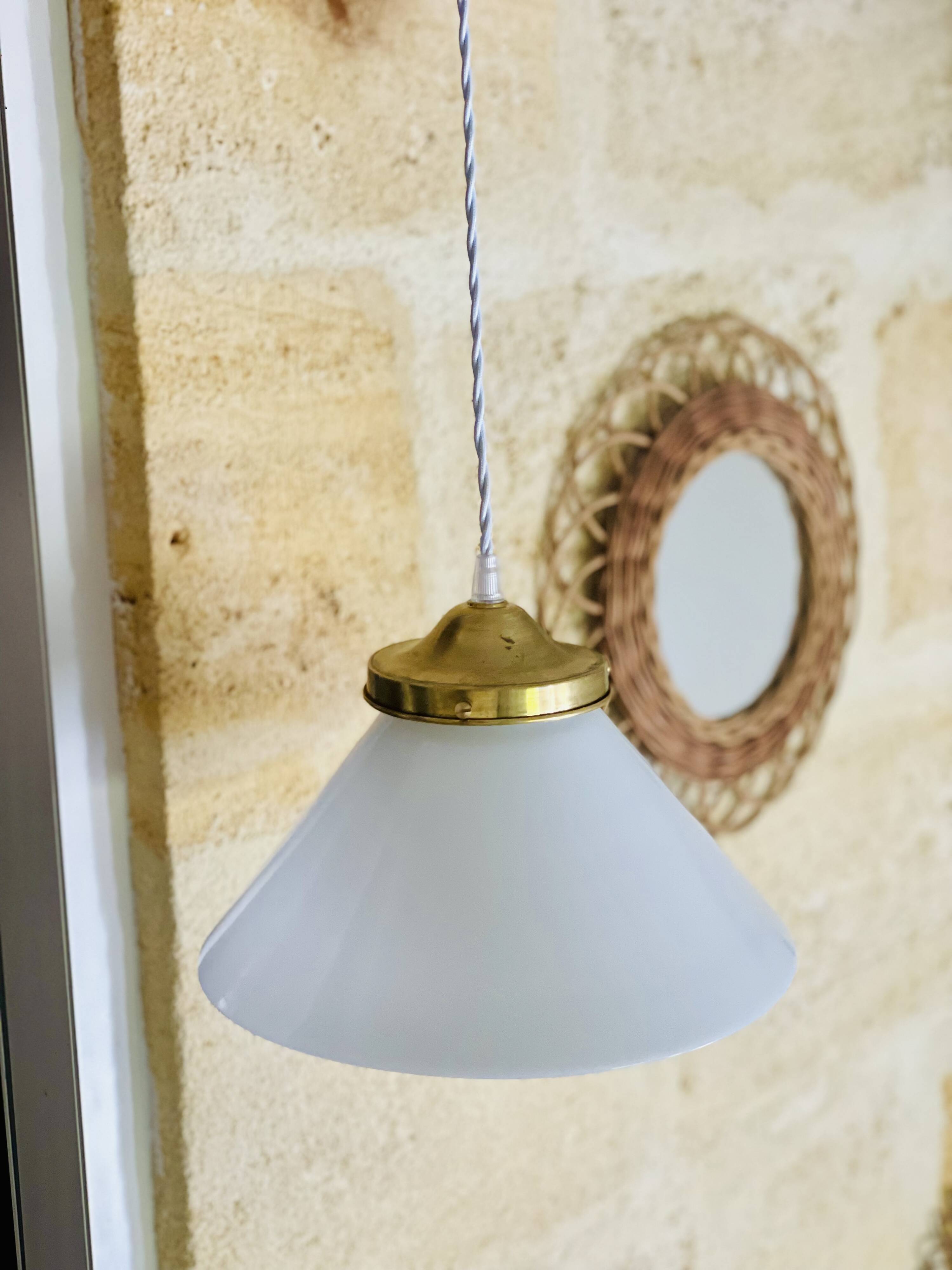 Vintage globe pendant light in smooth white opaline and gold metal