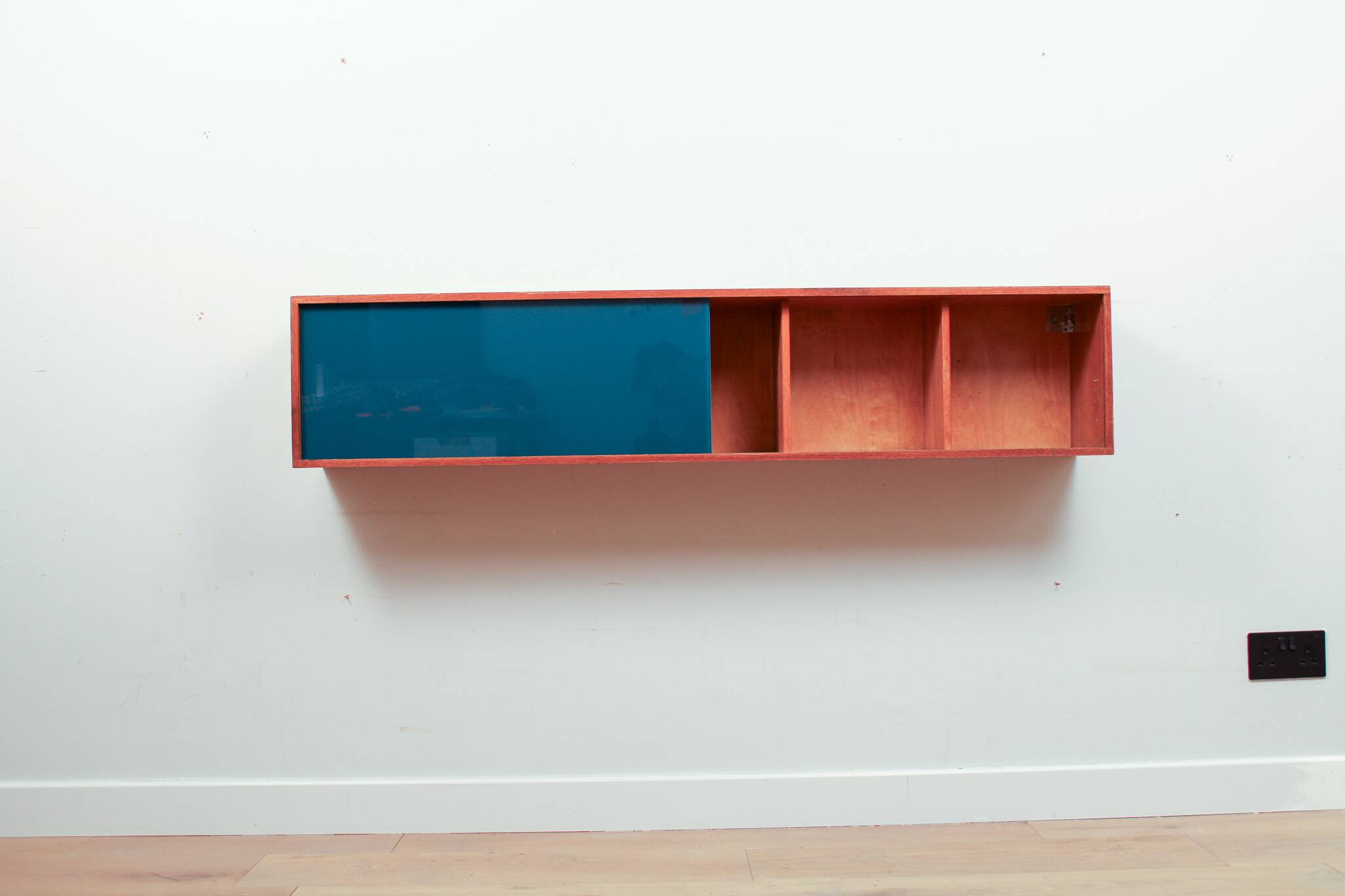 Vintage mid-century wall hung oak cabinets, blue & white sliding glass door