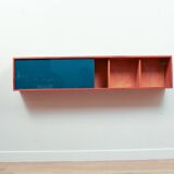 Vintage mid-century wall hung oak cabinets, blue & white sliding glass door