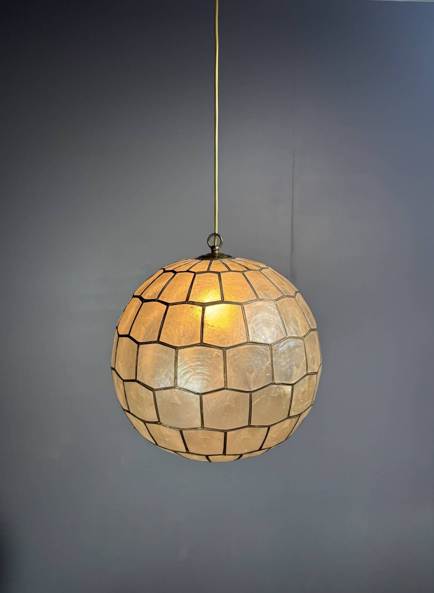 Pair midcentury mother of pearl Capiz large pendants, Feldman Lighting Co