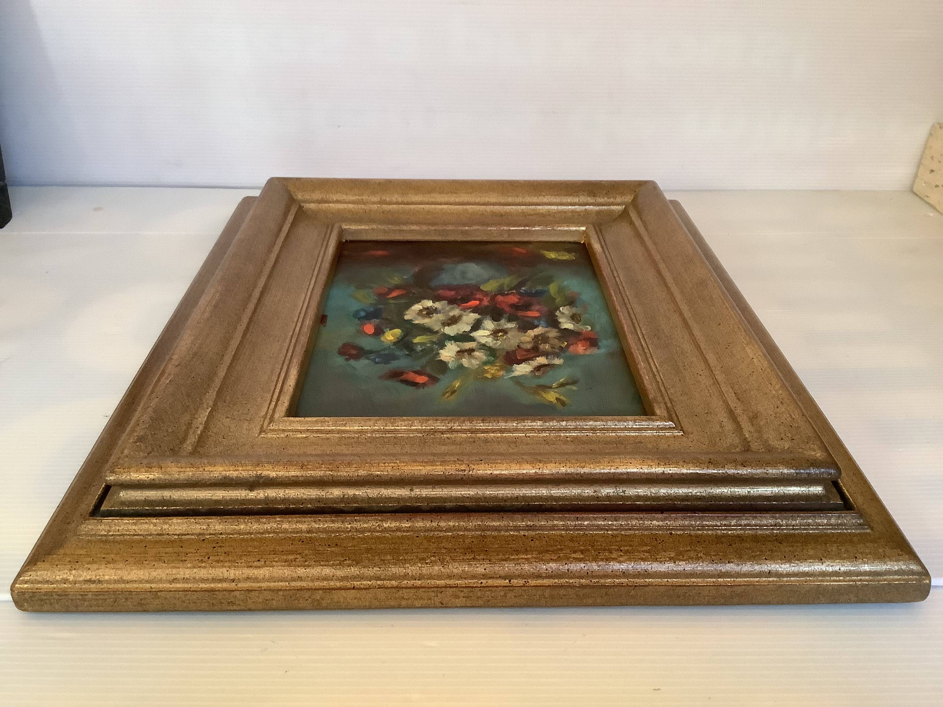 Still life of a bouquet of flowers, oil on cardboard.