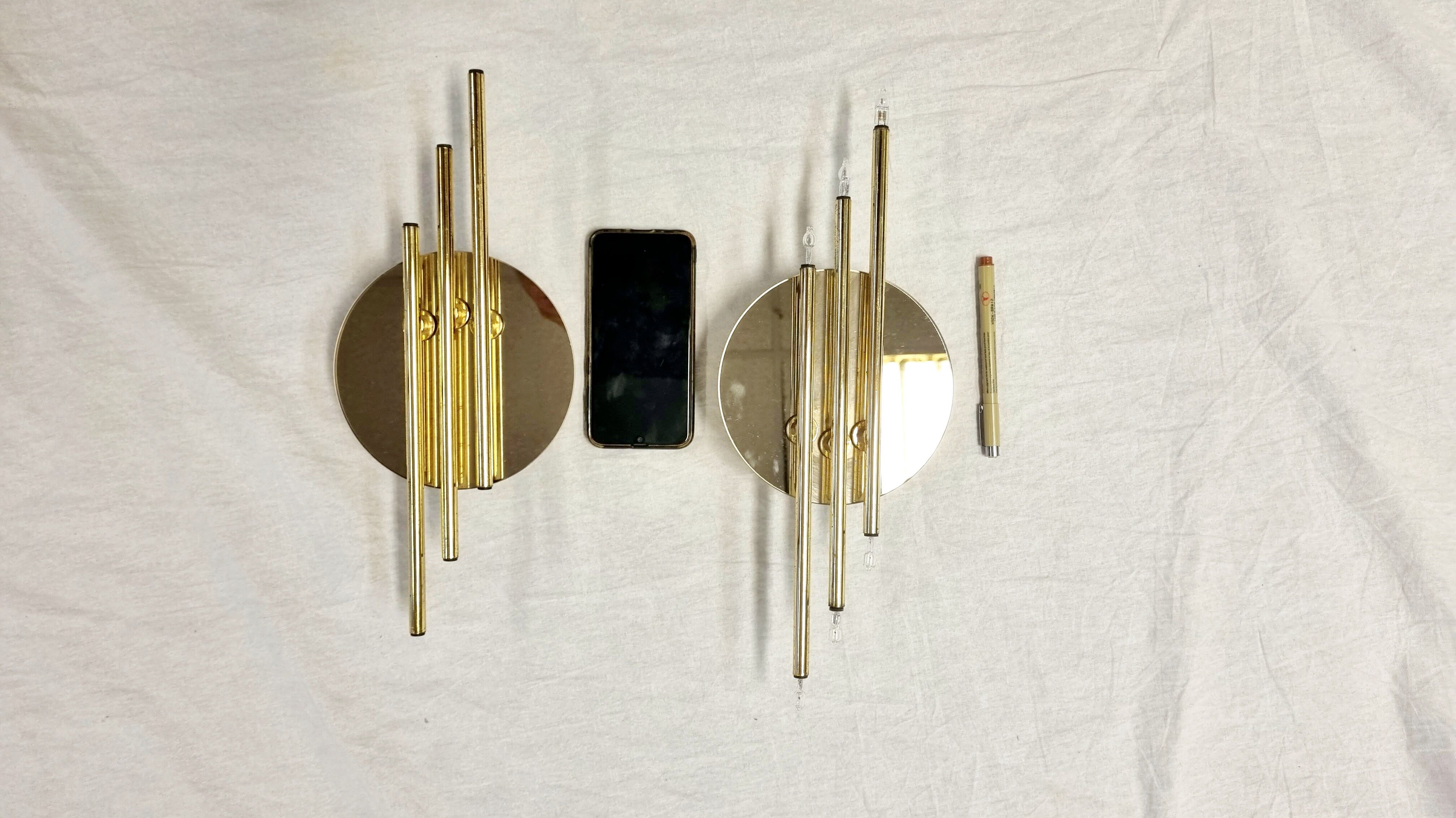 Modernist 1980s glamour mirror glass and gold wall lamps lights sconces Hollywood Regency mid centur
