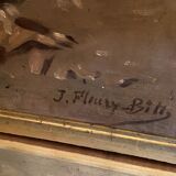 Oil painting on canvas signed J. Fleury-Bin Still Life with pewter and onions