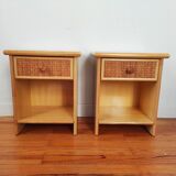 Pair of vintage bedside tables in wood and rattan.