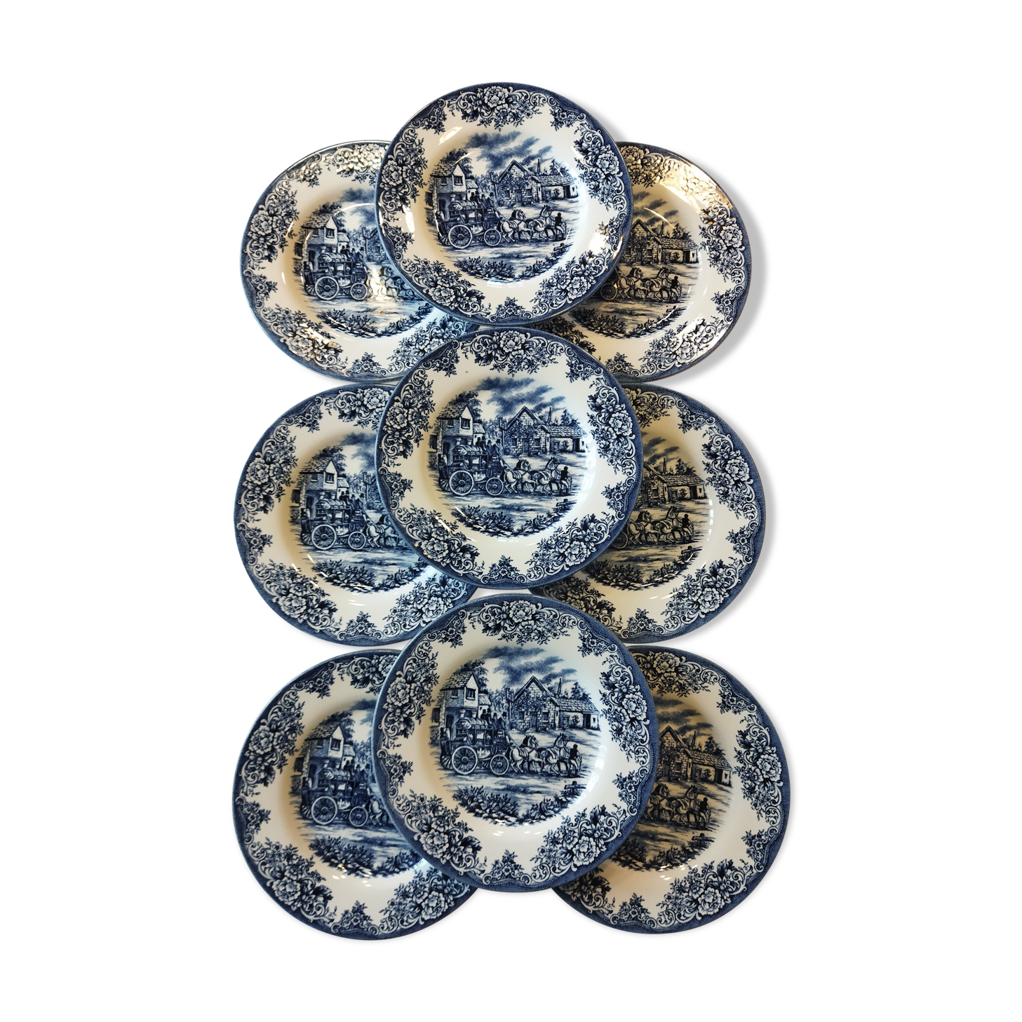 Set of 9 dessert plates English style blue & white