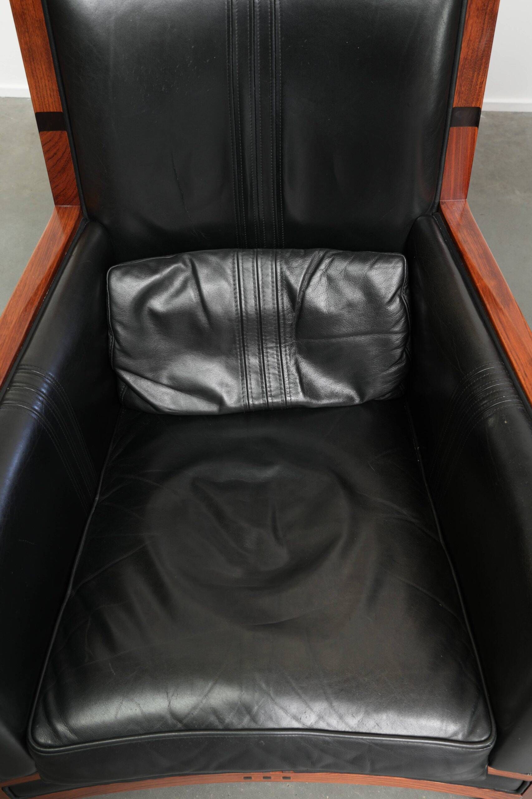Set of 2 Art Deco design armchairs in black cowhide leather